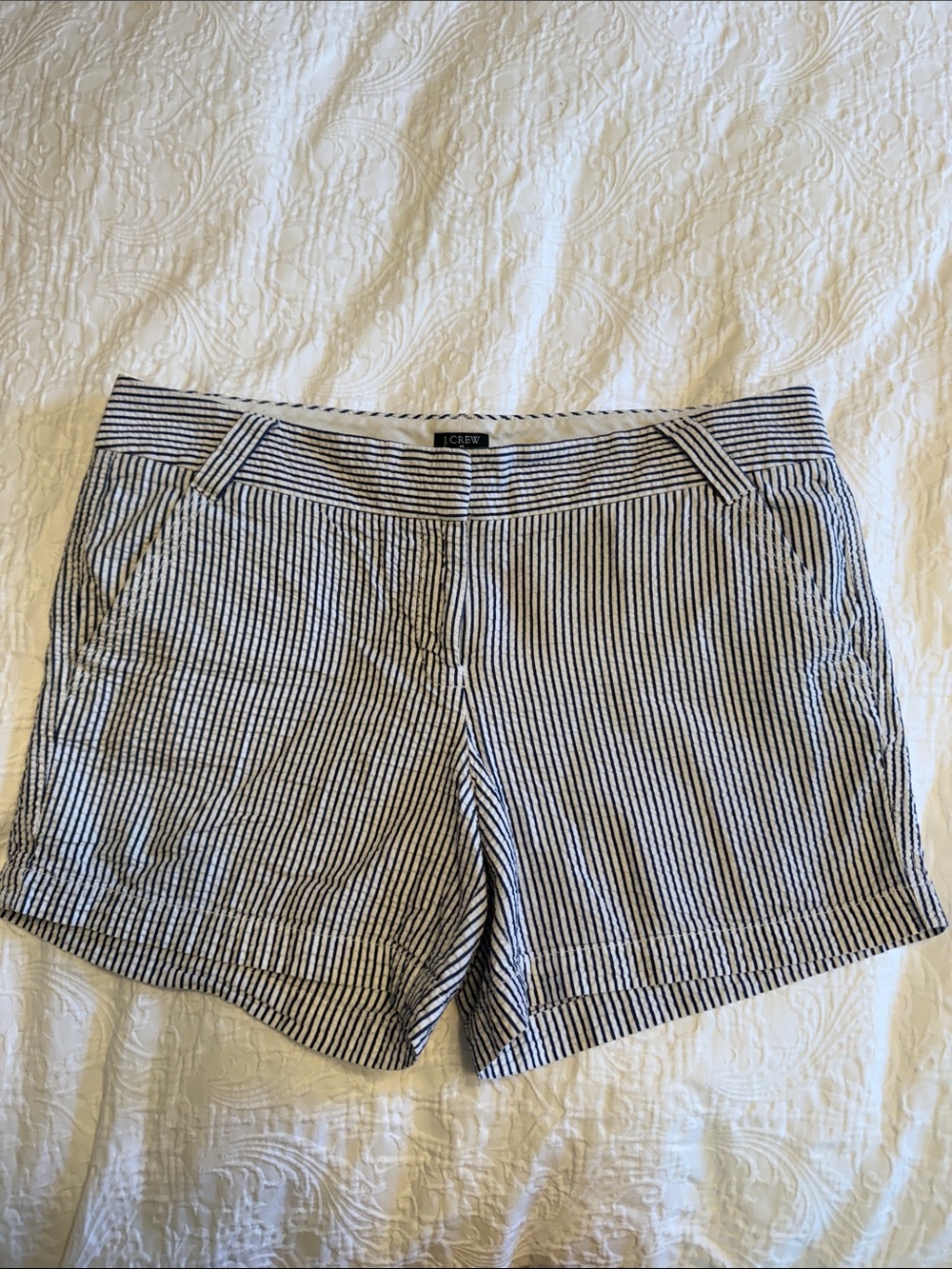 J. Crew Navy and White Striped Cotton-Linen Shorts